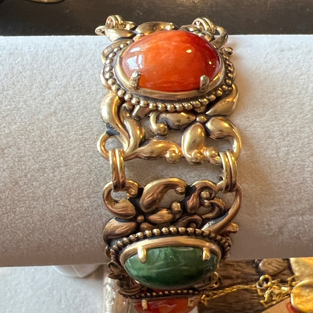 Vintage 40s Gold filled tone Cabochon filigree bracelet 7” x 1”